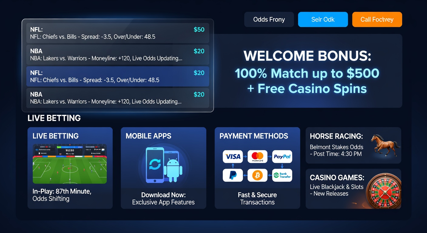 Vibrant scene of Preakness Stakes horses thundering down the track under sunny skies, overlaid with mobile betting app interfaces showing live NBA odds and NFL props