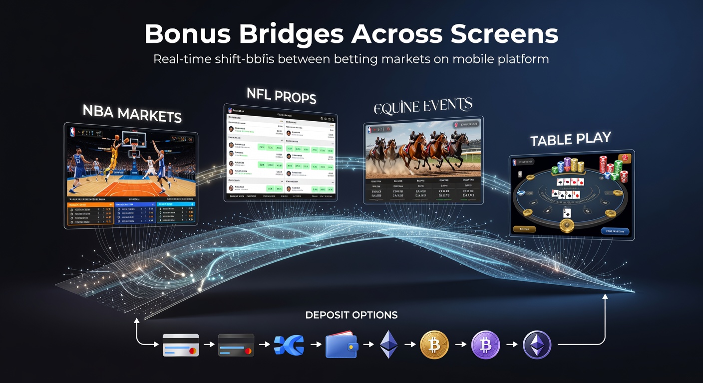 Mobile app interface displaying seamless transitions between NBA betting markets, NFL props, horse racing odds, and casino table games with deposit options highlighted
