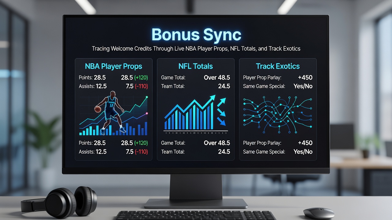 Mobile screen showing synchronized welcome credit balance across NBA props, NFL totals, and track exotic bets in one session