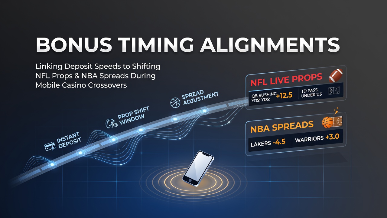 Mobile app screen displaying aligned bonus credits next to real-time NFL player props and NBA point spreads during a casino crossover session