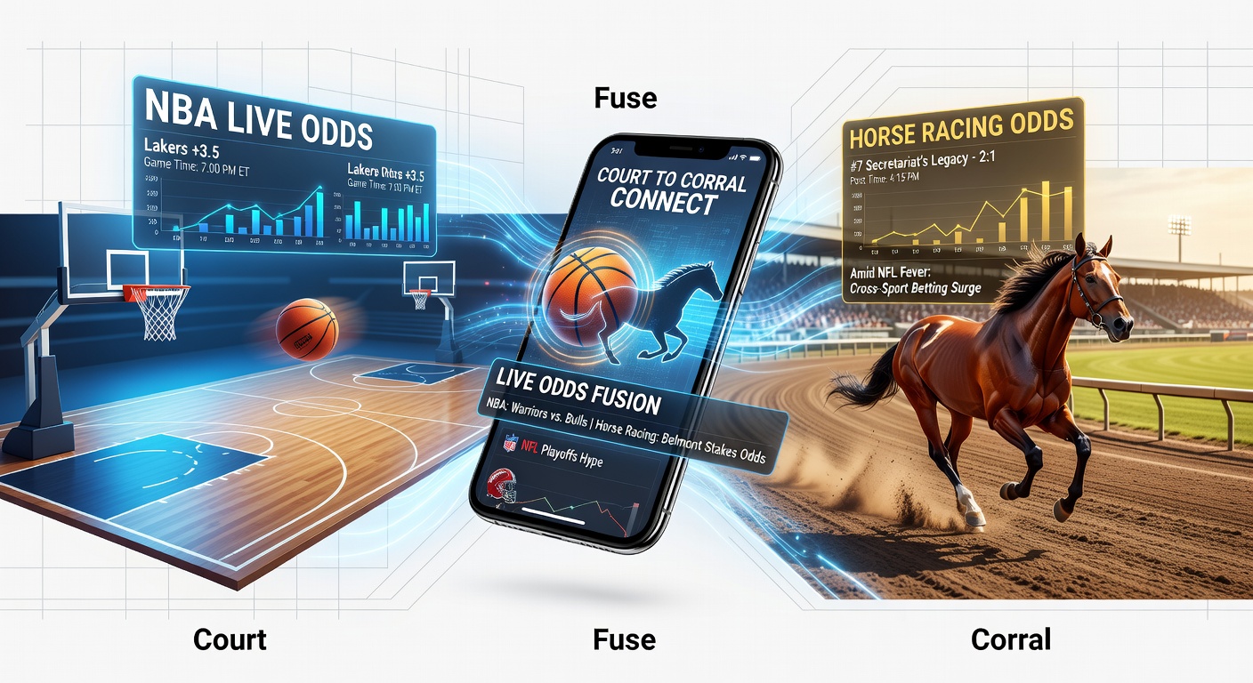 Mobile app screen showing live NBA odds transitioning to horse racing bets during an NFL game broadcast