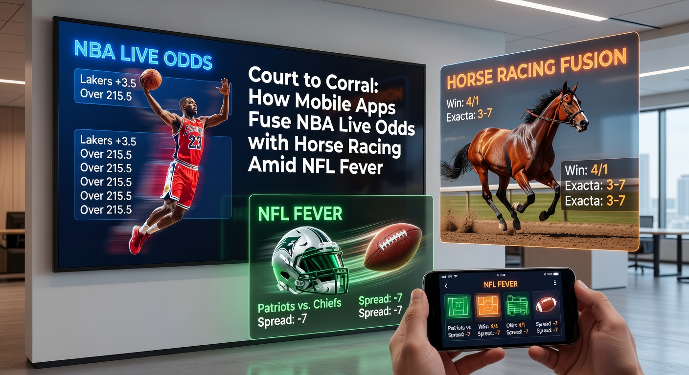 Smartphone displaying split-screen: NBA live betting slip next to horse racing odds board, with NFL scores in the background