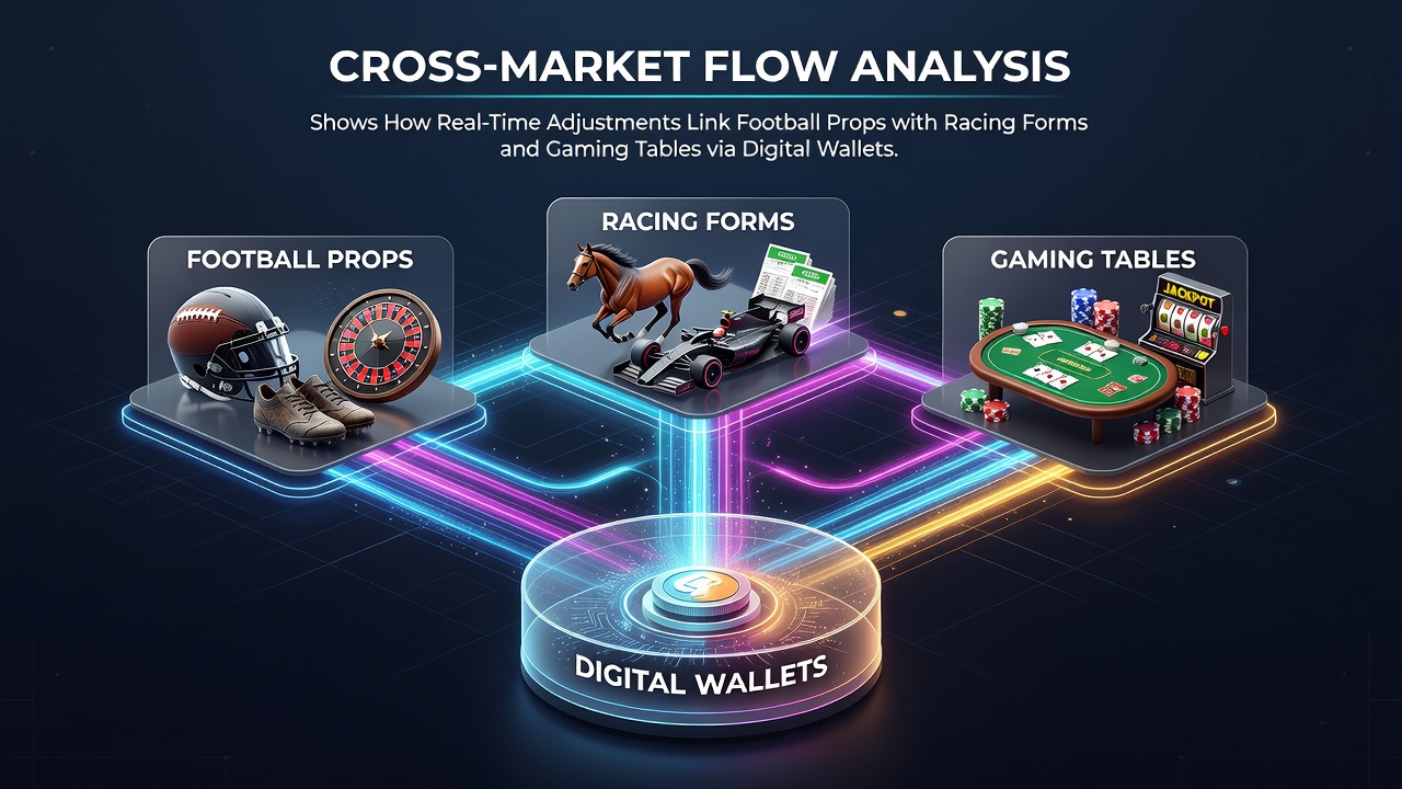 Digital wallet interface displaying simultaneous football prop bets, horse racing forms, and casino table game options with live odds updates