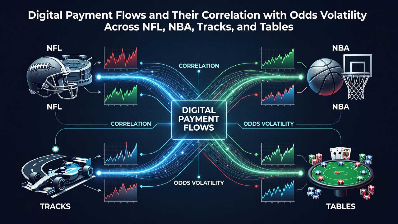 Digital payment interfaces displaying real-time transaction flows connected to live odds displays for NFL and NBA events