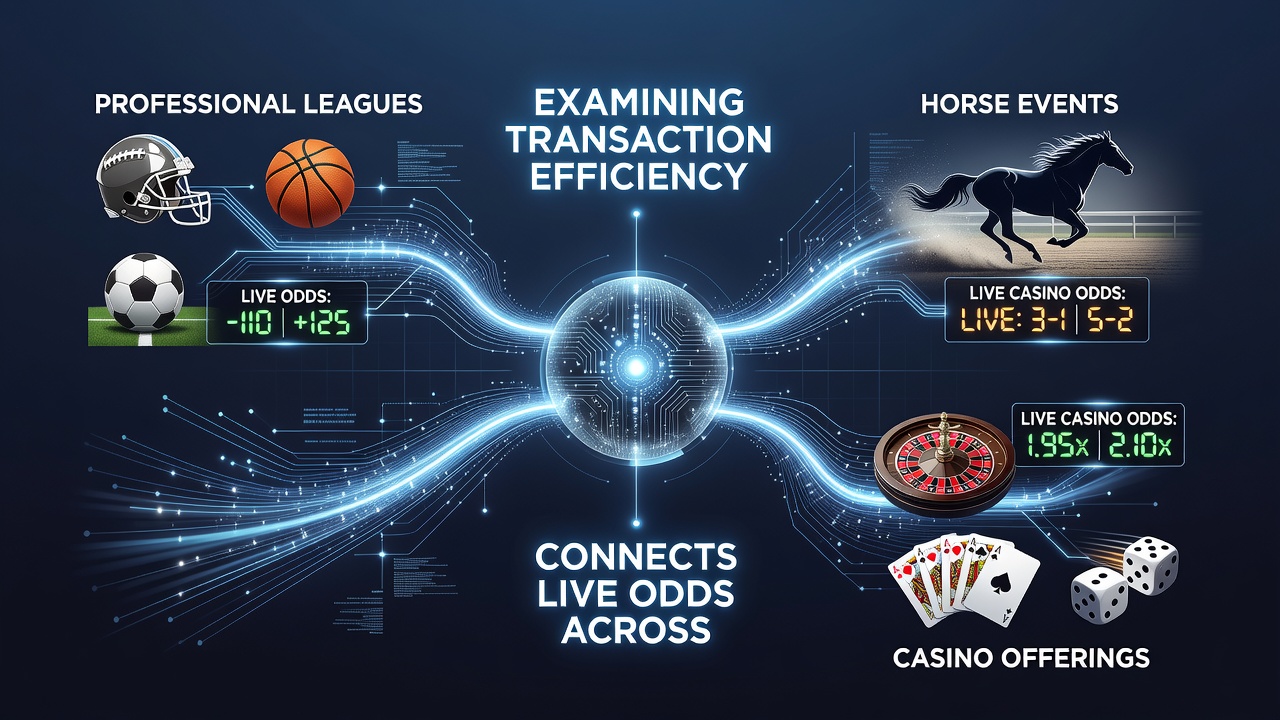 Mobile betting interface showing live odds across sports leagues, horse racing, and casino games with instant transaction indicators