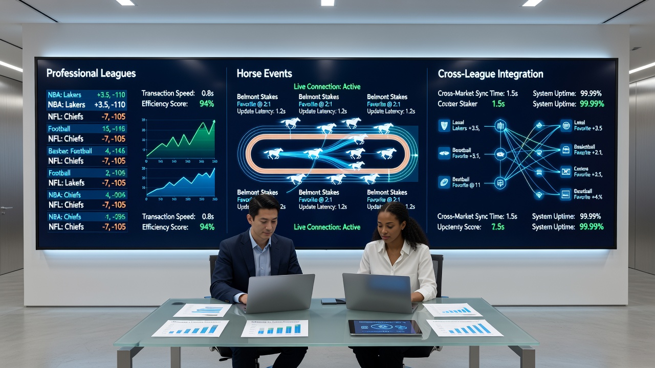 Dashboard view of interconnected betting markets with transaction flow indicators linking leagues, tracks, and casino tables