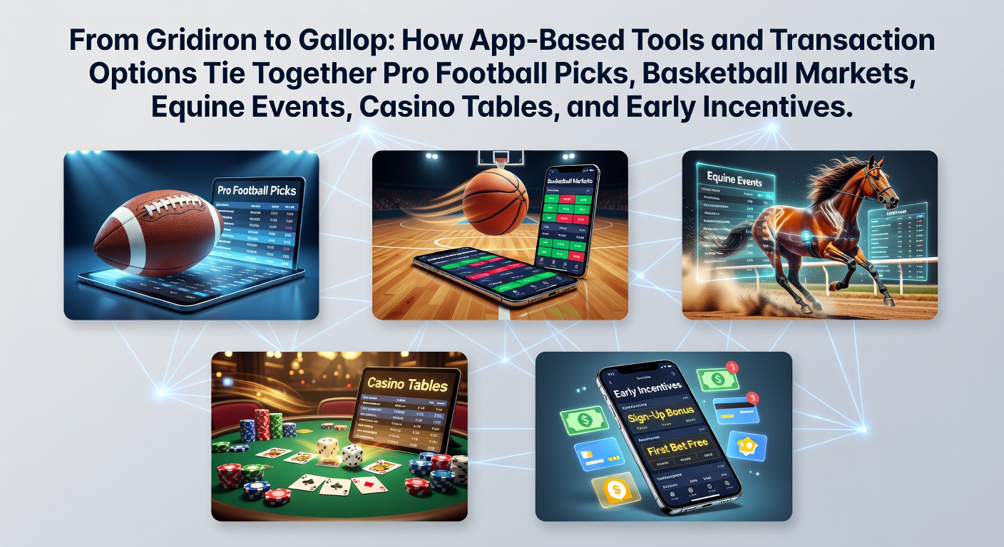 Mobile app interface displaying integrated pro football picks, basketball markets, and equine racing odds with instant transaction options