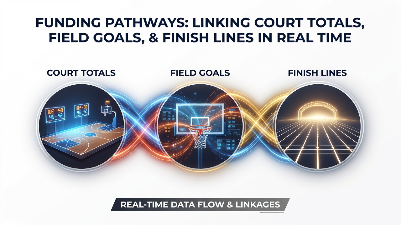 Real-time dashboard displaying connected NBA totals, NFL field goals, and horse racing finish lines with live funding indicators