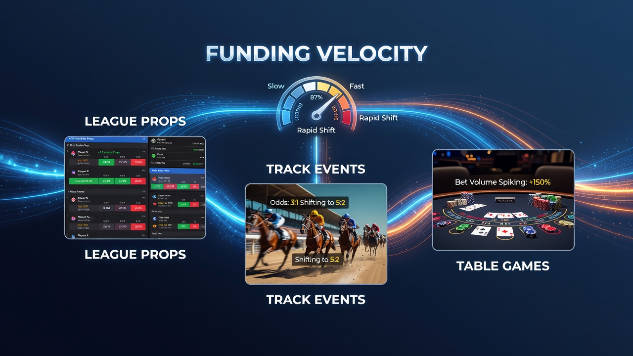 Portable device screen displaying real-time odds for league props, track events, and table games with funding velocity indicators