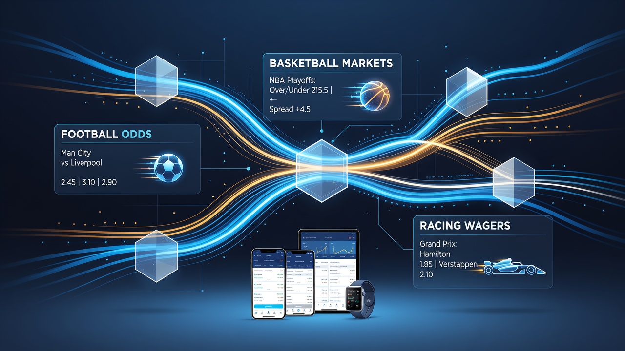 Illustration of interconnected mobile payment systems linking football, basketball, and racing betting markets on portable devices
