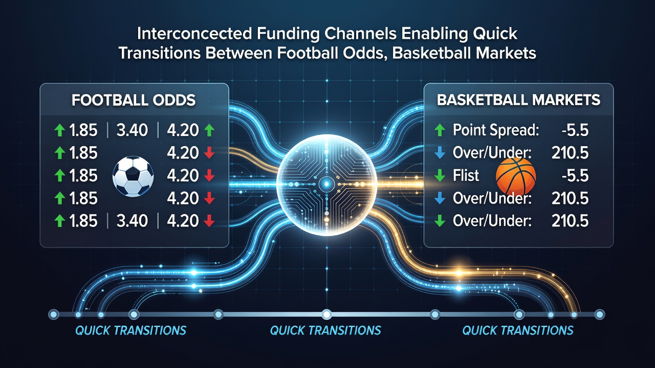 Diagram showing real-time payment flows between football, basketball, and horse racing markets via mobile wallets