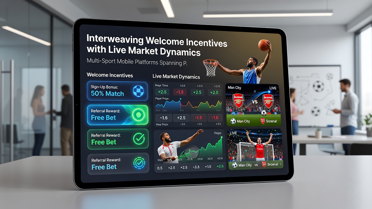 Split-screen view of live horse racing odds, NBA in-game props, and casino table results with active bonus meter