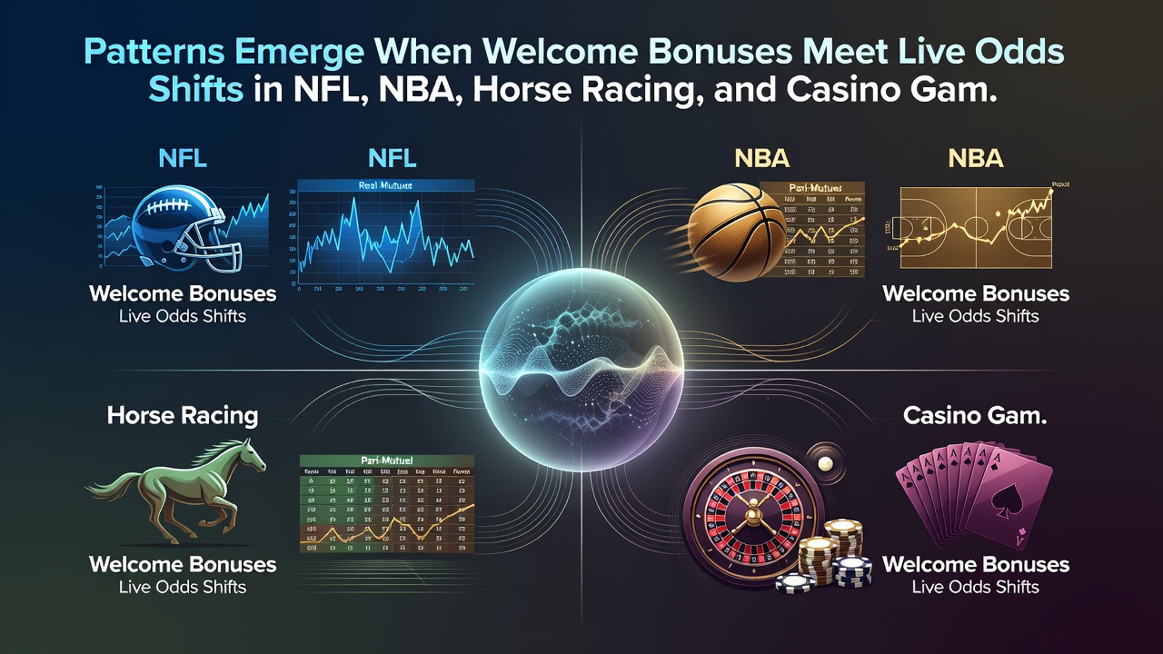 Illustration of transaction flows connecting welcome bonuses to live odds across different betting categories on mobile devices