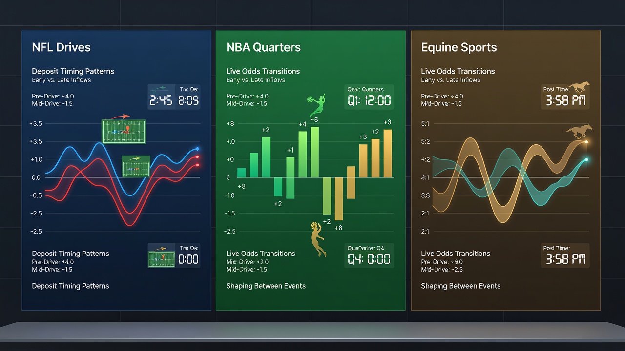 Mobile device displaying synchronized live odds transitions across NFL, NBA, horse racing, and casino table games