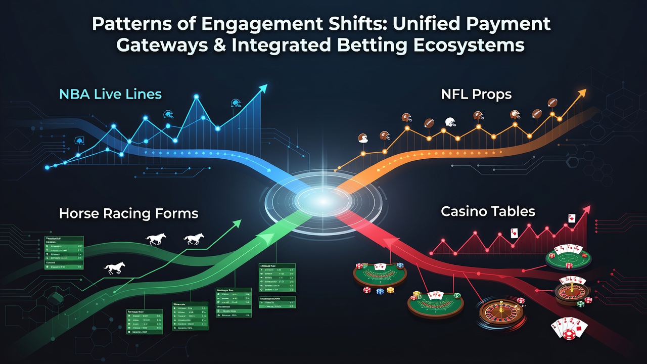 Mobile app interface displaying integrated NBA live odds, NFL props, horse racing forms, and casino table options with payment gateway icons