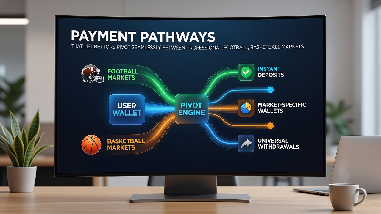 Diagram of interconnected payment rails linking sportsbooks, racetracks and online casinos