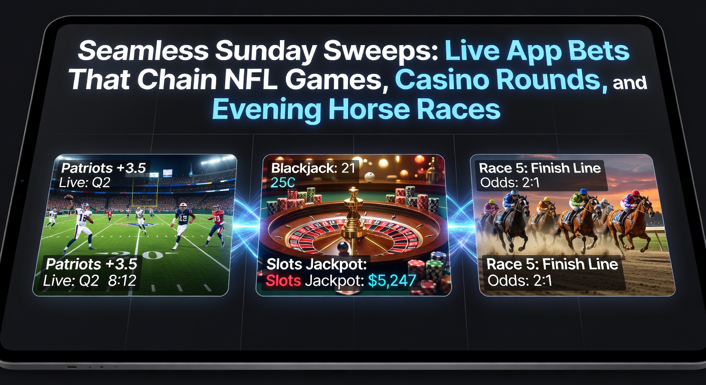 Mobile app screen showing live NFL betting odds transitioning to casino games and horse racing lines on a Sunday afternoon