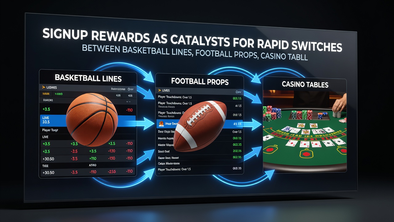 Mobile screen displaying seamless transfer of signup bonus credits between basketball, football, casino, and horse racing markets