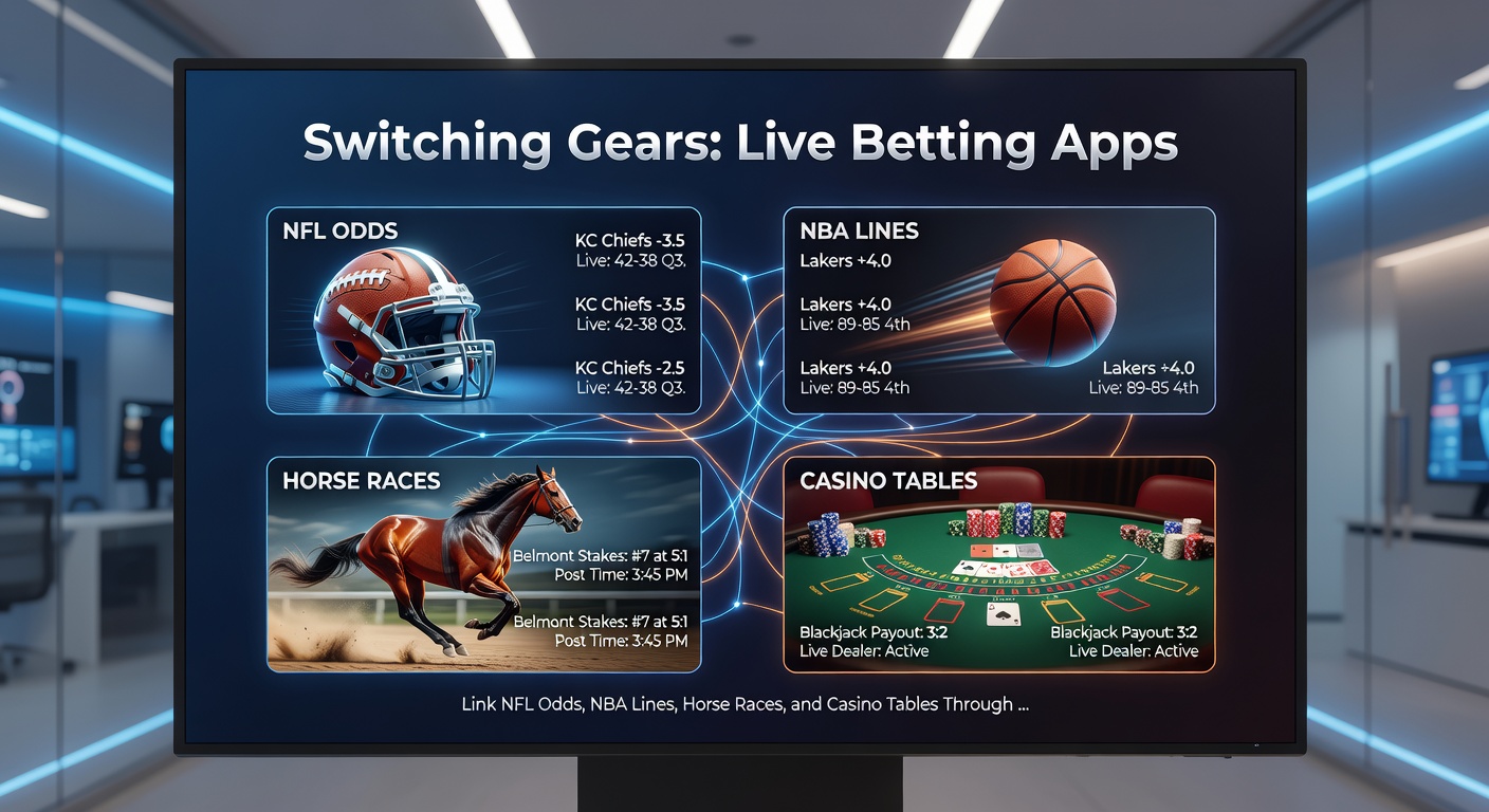 Dynamic graphic illustrating fund flow from NFL live odds to horse racing bets and casino roulette table via instant payment rails