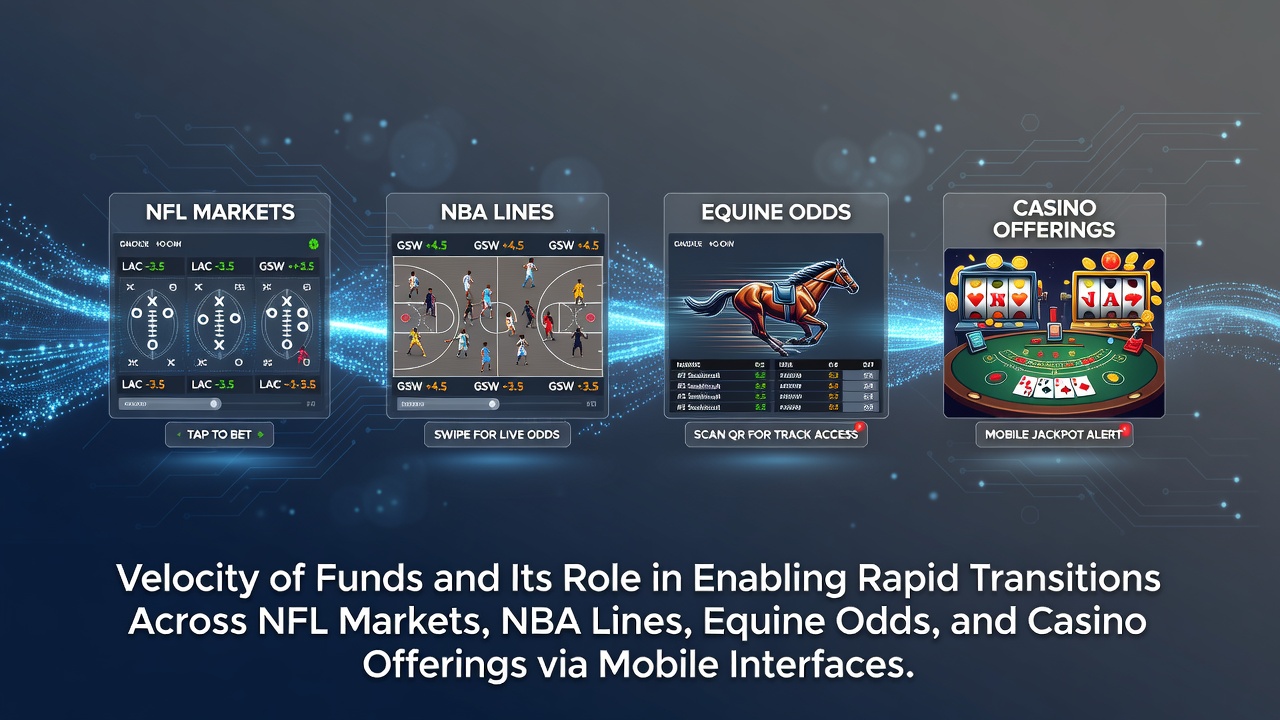 Mobile betting interface showing rapid fund transfers between NFL, NBA, horse racing, and casino options