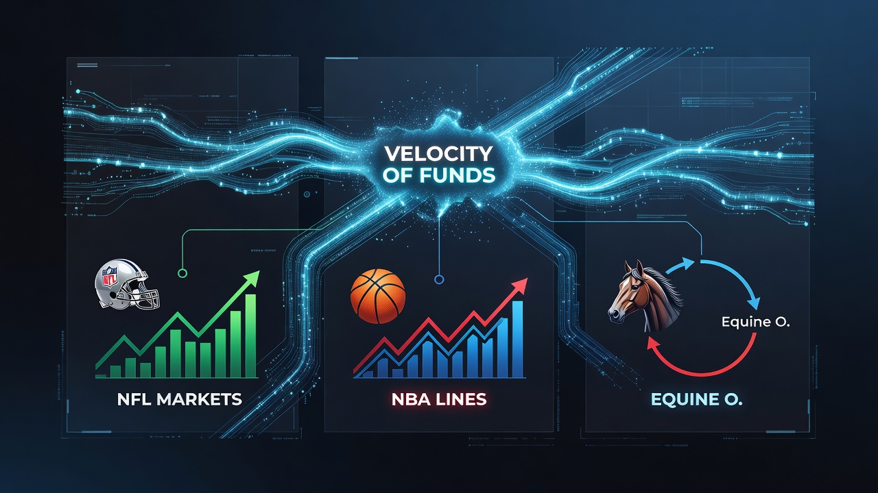 Dashboard view of interconnected betting markets with instant payment confirmations across NFL, NBA, equine, and casino sections