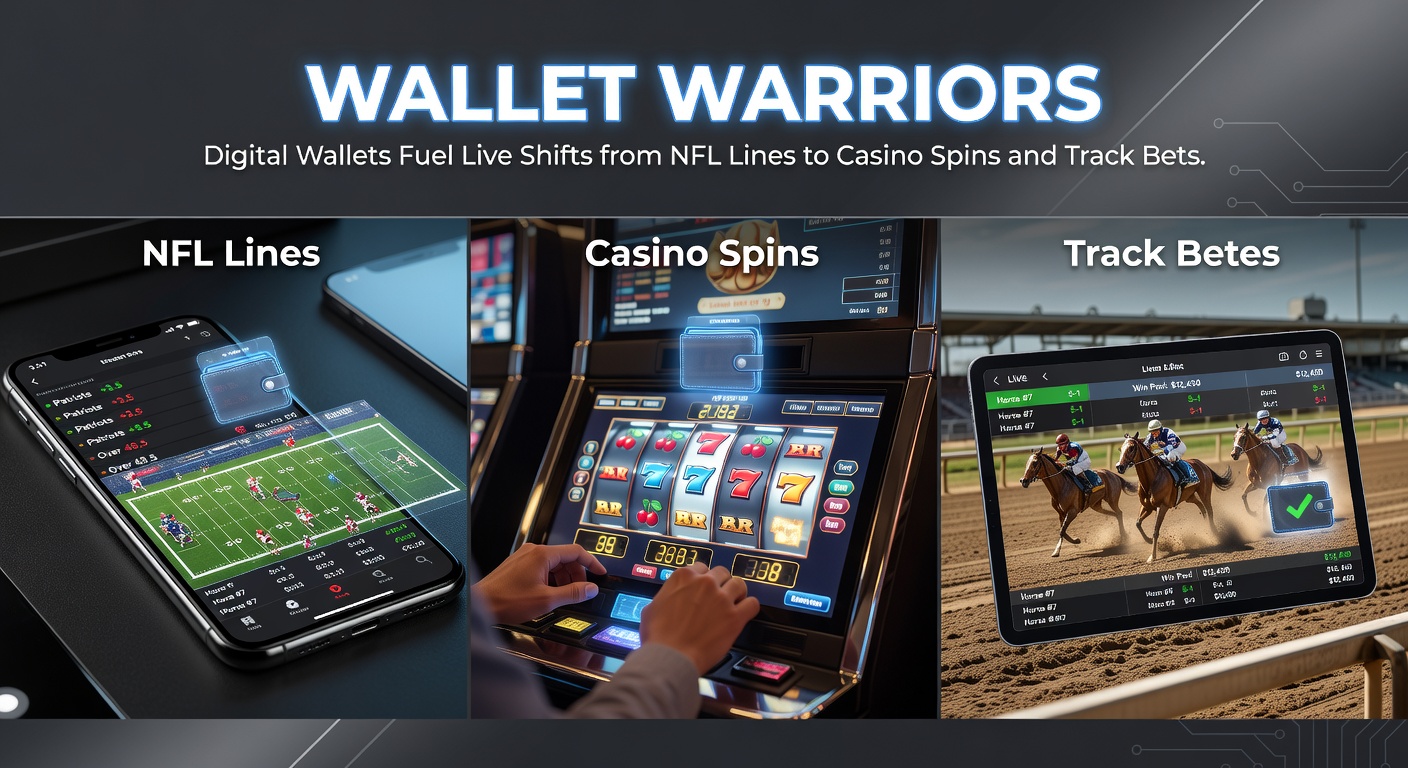 Dynamic graphic showing a digital wallet seamlessly transferring funds between NFL betting lines, casino slot spins, and horse racing tracks on a mobile screen