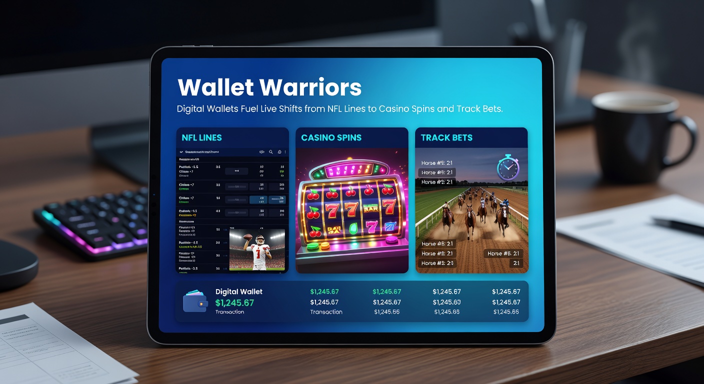 Split-screen view of NFL live odds transitioning to casino roulette wheel and horse racing track with digital wallet icons overlayed